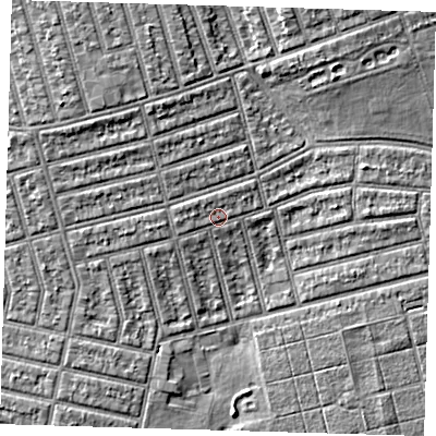 Shaded relief map of the ground around E63JL, computed from Environment Agency LiDAR. The ground here sits at about 5 m above sea level and falls 6 m across the surrounding 800 m. Surface water reaching this point runs off ground lying to the west-north-west, 1.2 m higher.