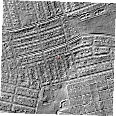 Shaded relief map of the ground around E63JN, computed from Environment Agency LiDAR. The ground here sits at about 5 m above sea level and falls 6 m across the surrounding 800 m. Surface water reaching this point runs off ground lying to the west, 1.0 m higher.