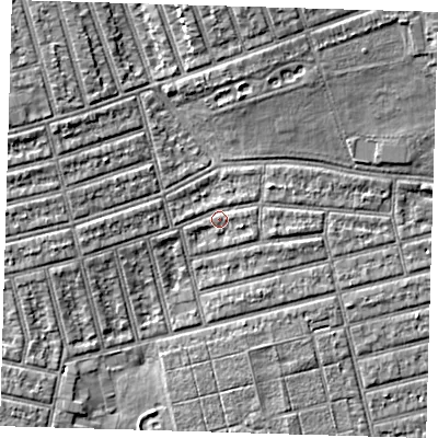Shaded relief map of the ground around E63JP, computed from Environment Agency LiDAR. The ground here sits at about 5 m above sea level and falls 6 m across the surrounding 800 m. Surface water reaching this point runs off ground lying to the east, 1.2 m higher.