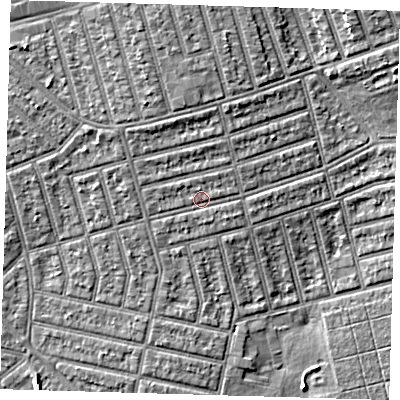 Shaded relief map of the ground around E63JQ, computed from Environment Agency LiDAR. The ground here sits at about 6 m above sea level and falls 6 m across the surrounding 800 m. Surface water reaching this point runs off ground lying to the north, 2.0 m higher.