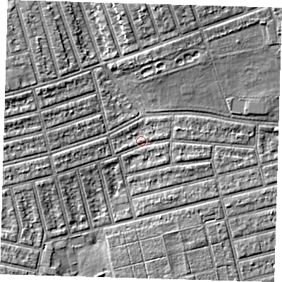 Shaded relief map of the ground around E63JW, computed from Environment Agency LiDAR. The ground here sits at about 4 m above sea level and falls 6 m across the surrounding 800 m. Surface water reaching this point runs off ground lying to the east-south-east, 1.2 m higher.