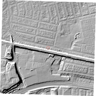 Shaded relief map of the ground around E63JX, computed from Environment Agency LiDAR. The ground here sits at about 4 m above sea level and falls 13 m across the surrounding 800 m. Surface water reaching this point runs off ground lying to the west-south-west, 4.5 m higher.