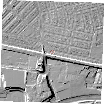 Shaded relief map of the ground around E63JY, computed from Environment Agency LiDAR. The ground here sits at about 4 m above sea level and falls 12 m across the surrounding 800 m. Surface water reaching this point runs off ground lying to the west, 6.2 m higher.