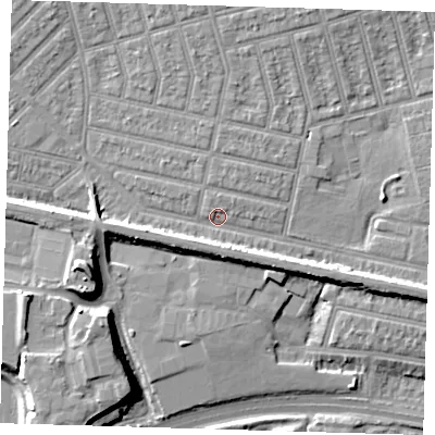 Shaded relief map of the ground around E63JZ, computed from Environment Agency LiDAR. The ground here sits at about 5 m above sea level and falls 12 m across the surrounding 800 m. Surface water reaching this point runs off ground lying to the south-south-west, 4.2 m higher.