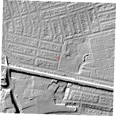 Shaded relief map of the ground around E63LA, computed from Environment Agency LiDAR. The ground here sits at about 5 m above sea level and falls 12 m across the surrounding 800 m. Surface water reaching this point runs off ground lying to the north-west, 1.3 m higher.