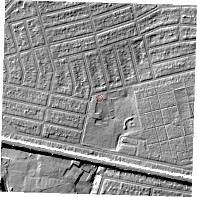 Shaded relief map of the ground around E63LB, computed from Environment Agency LiDAR. The ground here sits at about 4 m above sea level and falls 10 m across the surrounding 800 m. Surface water reaching this point runs off ground lying to the north-north-west, 4.9 m higher.