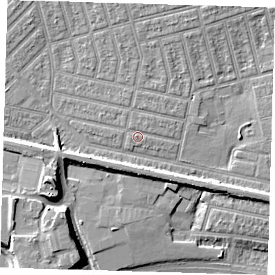 Shaded relief map of the ground around E63LD, computed from Environment Agency LiDAR. The ground here sits at about 5 m above sea level and falls 12 m across the surrounding 800 m. Surface water reaching this point runs off ground lying to the north-north-east, 0.7 m higher.