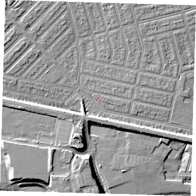 Shaded relief map of the ground around E63LE, computed from Environment Agency LiDAR. The ground here sits at about 5 m above sea level and falls 12 m across the surrounding 800 m. Surface water reaching this point runs off ground lying to the west-south-west, 6.2 m higher.