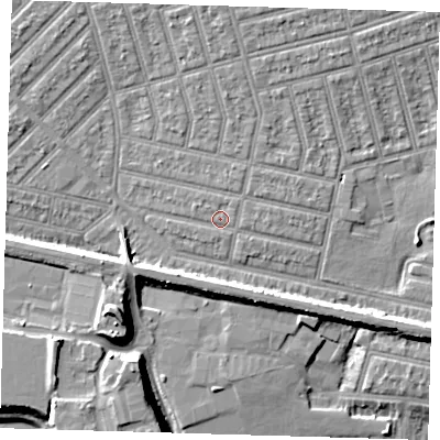 Shaded relief map of the ground around E63LF, computed from Environment Agency LiDAR. The ground here sits at about 5 m above sea level and falls 12 m across the surrounding 800 m. Surface water reaching this point runs off ground lying to the east-north-east, 0.7 m higher.