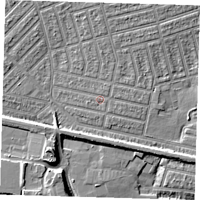 Shaded relief map of the ground around E63LG, computed from Environment Agency LiDAR. The ground here sits at about 5 m above sea level and falls 12 m across the surrounding 800 m. Surface water reaching this point runs off ground lying to the north-east, 0.7 m higher.