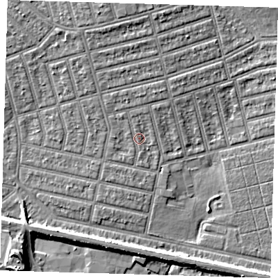 Shaded relief map of the ground around E63LH, computed from Environment Agency LiDAR. The ground here sits at about 5 m above sea level and falls 11 m across the surrounding 800 m. Surface water reaching this point runs off ground lying to the north, 1.4 m higher.