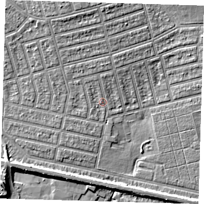 Shaded relief map of the ground around E63LJ, computed from Environment Agency LiDAR. The ground here sits at about 5 m above sea level and falls 11 m across the surrounding 800 m. Surface water reaching this point runs off ground lying to the north, 2.0 m higher.