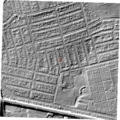 Shaded relief map of the ground around E63LL, computed from Environment Agency LiDAR. The ground here sits at about 5 m above sea level and falls 9 m across the surrounding 800 m. Surface water reaching this point runs off ground lying to the north-north-west, 1.9 m higher.