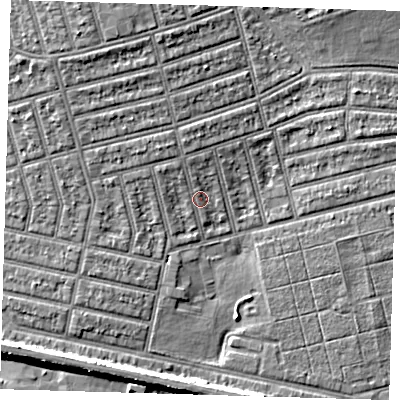 Shaded relief map of the ground around E63LN, computed from Environment Agency LiDAR. The ground here sits at about 5 m above sea level and falls 6 m across the surrounding 800 m. Surface water reaching this point runs off ground lying to the south, 5.9 m higher.