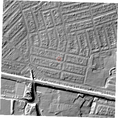 Shaded relief map of the ground around E63LQ, computed from Environment Agency LiDAR. The ground here sits at about 5 m above sea level and falls 11 m across the surrounding 800 m. Surface water reaching this point runs off ground lying to the north-east, 0.8 m higher.