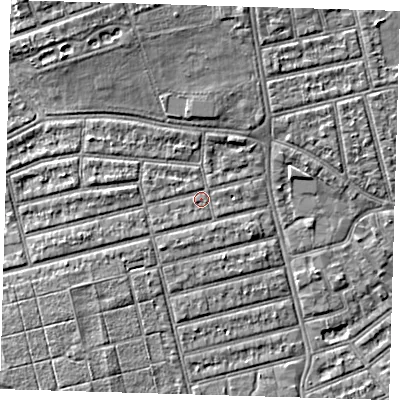 Shaded relief map of the ground around E63LT, computed from Environment Agency LiDAR. The ground here sits at about 4 m above sea level and falls 6 m across the surrounding 800 m. Surface water reaching this point runs off ground lying to the west, 1.8 m higher.