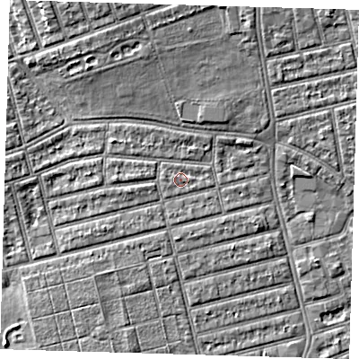Shaded relief map of the ground around E63LW, computed from Environment Agency LiDAR. The ground here sits at about 4 m above sea level and falls 6 m across the surrounding 800 m. Surface water reaching this point runs off ground lying to the west, 1.0 m higher.