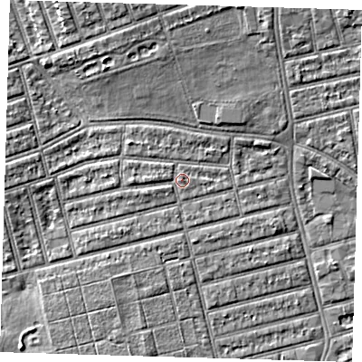 Shaded relief map of the ground around E63LY, computed from Environment Agency LiDAR. The ground here sits at about 5 m above sea level and falls 6 m across the surrounding 800 m. Surface water reaching this point runs off ground lying to the west, 1.5 m higher.