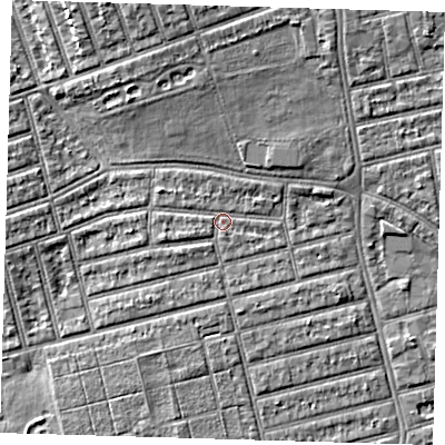 Shaded relief map of the ground around E63LZ, computed from Environment Agency LiDAR. The ground here sits at about 4 m above sea level and falls 7 m across the surrounding 800 m. Surface water reaching this point runs off ground lying to the west-south-west, 1.6 m higher.