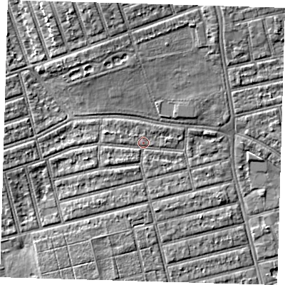 Shaded relief map of the ground around E63NA, computed from Environment Agency LiDAR. The ground here sits at about 4 m above sea level and falls 7 m across the surrounding 800 m. Surface water reaching this point runs off ground lying to the west-south-west, 1.6 m higher.