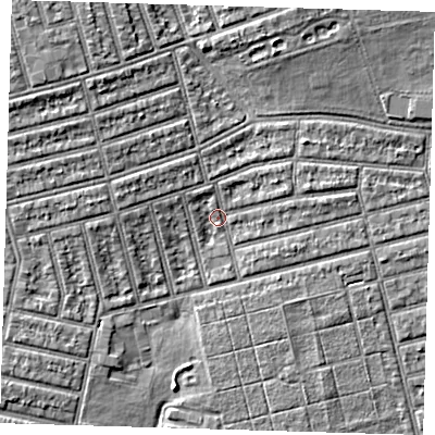 Shaded relief map of the ground around E63NB, computed from Environment Agency LiDAR. The ground here sits at about 4 m above sea level and falls 6 m across the surrounding 800 m. Surface water reaching this point runs off ground lying to the west-north-west, 2.5 m higher.