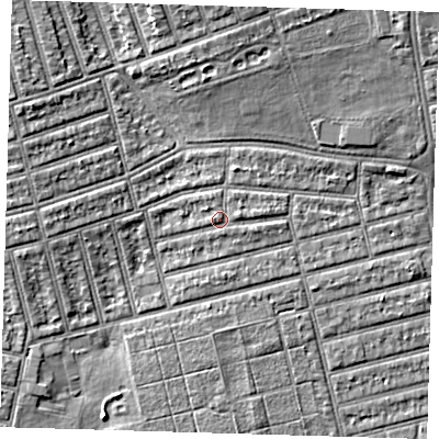 Shaded relief map of the ground around E63ND, computed from Environment Agency LiDAR. The ground here sits at about 5 m above sea level and falls 5 m across the surrounding 800 m. Surface water reaching this point runs off ground lying to the east-north-east, 0.9 m higher.