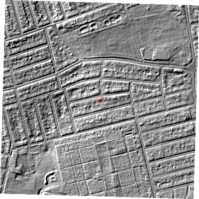 Shaded relief map of the ground around E63NE, computed from Environment Agency LiDAR. The ground here sits at about 5 m above sea level and falls 6 m across the surrounding 800 m. Surface water reaching this point runs off ground lying to the south-south-east, 0.8 m higher.