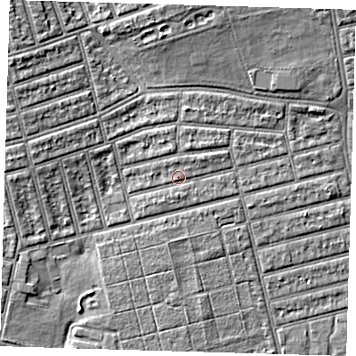 Shaded relief map of the ground around E63NF, computed from Environment Agency LiDAR. The ground here sits at about 5 m above sea level and falls 6 m across the surrounding 800 m. Surface water reaching this point runs off ground lying to the south-south-east, 0.8 m higher.