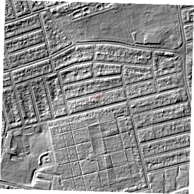 Shaded relief map of the ground around E63NG, computed from Environment Agency LiDAR. The ground here sits at about 5 m above sea level and falls 6 m across the surrounding 800 m. Surface water reaching this point runs off ground lying to the south, 0.8 m higher.