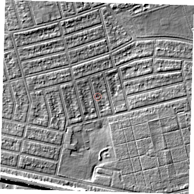 Shaded relief map of the ground around E63NH, computed from Environment Agency LiDAR. The ground here sits at about 4 m above sea level and falls 6 m across the surrounding 800 m. Surface water reaching this point runs off ground lying to the north-west, 4.9 m higher.