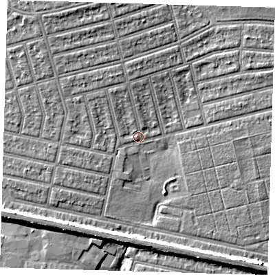 Shaded relief map of the ground around E63NJ, computed from Environment Agency LiDAR. The ground here sits at about 4 m above sea level and falls 8 m across the surrounding 800 m. Surface water reaching this point runs off ground lying to the north-north-west, 5.2 m higher.