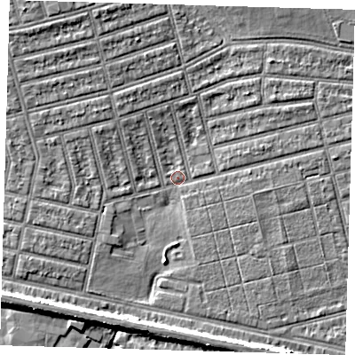 Shaded relief map of the ground around E63NL, computed from Environment Agency LiDAR. The ground here sits at about 4 m above sea level and falls 7 m across the surrounding 800 m. Surface water reaching this point runs off ground lying to the west-south-west, 2.3 m higher.