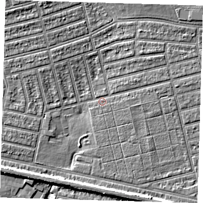Shaded relief map of the ground around E63NN, computed from Environment Agency LiDAR. The ground here sits at about 4 m above sea level and falls 8 m across the surrounding 800 m. Surface water reaching this point runs off ground lying to the north-west, 3.7 m higher.