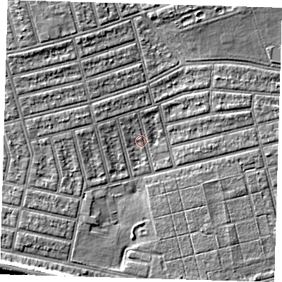 Shaded relief map of the ground around E63NQ, computed from Environment Agency LiDAR. The ground here sits at about 4 m above sea level and falls 6 m across the surrounding 800 m. Surface water reaching this point runs off ground lying to the north-west, 4.9 m higher.