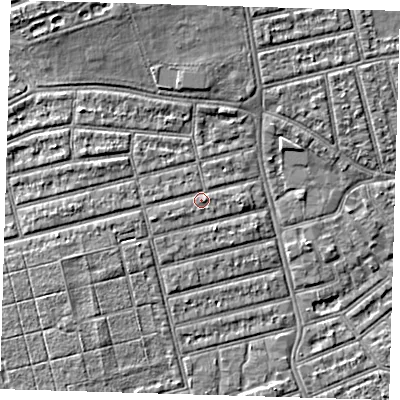 Shaded relief map of the ground around E63NR, computed from Environment Agency LiDAR. The ground here sits at about 4 m above sea level and falls 5 m across the surrounding 800 m. Surface water reaching this point runs off ground lying to the west-south-west, 1.3 m higher.
