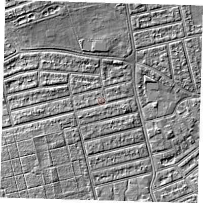 Shaded relief map of the ground around E63NS, computed from Environment Agency LiDAR. The ground here sits at about 4 m above sea level and falls 6 m across the surrounding 800 m. Surface water reaching this point runs off ground lying to the south-west, 1.4 m higher.