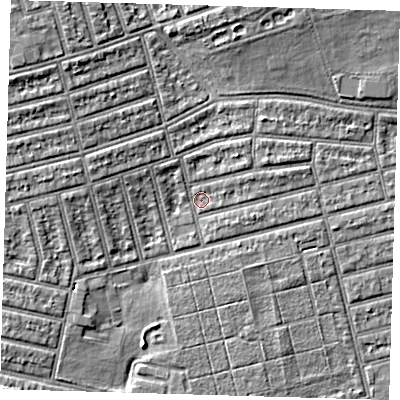 Shaded relief map of the ground around E63NT, computed from Environment Agency LiDAR. The ground here sits at about 4 m above sea level and falls 6 m across the surrounding 800 m. Surface water reaching this point runs off ground lying to the west, 3.7 m higher.