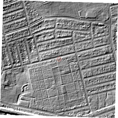 Shaded relief map of the ground around E63NW, computed from Environment Agency LiDAR. The ground here sits at about 5 m above sea level and falls 6 m across the surrounding 800 m. Surface water reaching this point runs off ground lying to the north-north-west, 1.0 m higher.