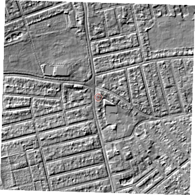 Shaded relief map of the ground around E63PA, computed from Environment Agency LiDAR. The ground here sits at about 3 m above sea level and falls 7 m across the surrounding 800 m. Surface water reaching this point runs off ground lying to the north-west, 4.0 m higher.