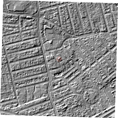 Shaded relief map of the ground around E63PF, computed from Environment Agency LiDAR. The ground here sits at about 3 m above sea level and falls 4 m across the surrounding 800 m. Surface water reaching this point runs off ground lying to the west-north-west, 1.3 m higher.