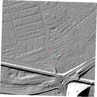 Shaded relief map of the ground around E63PG, computed from Environment Agency LiDAR. The ground here sits at about 3 m above sea level and falls 36 m across the surrounding 800 m. Surface water reaching this point runs off ground lying to the south-south-west, 4.8 m higher.