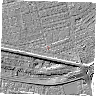 Shaded relief map of the ground around E63PH, computed from Environment Agency LiDAR. The ground here sits at about 4 m above sea level and falls 10 m across the surrounding 800 m. Surface water reaching this point runs off ground lying to the south-south-east, 4.0 m higher.