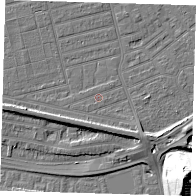 Shaded relief map of the ground around E63PJ, computed from Environment Agency LiDAR. The ground here sits at about 4 m above sea level and falls 36 m across the surrounding 800 m. Surface water reaching this point runs off ground lying to the south-south-west, 4.1 m higher.