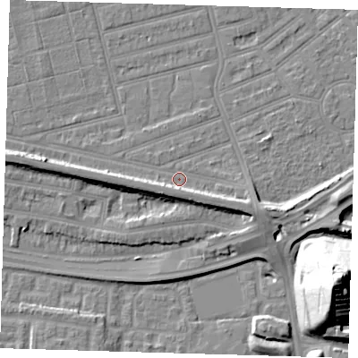 Shaded relief map of the ground around E63PL, computed from Environment Agency LiDAR. The ground here sits at about 4 m above sea level and falls 36 m across the surrounding 800 m. Surface water reaching this point runs off ground lying to the south-south-east, 4.0 m higher.