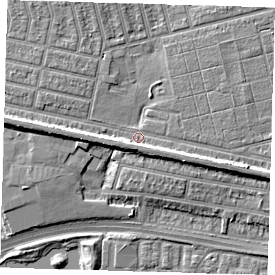 Shaded relief map of the ground around E63PP, computed from Environment Agency LiDAR. The ground here sits at about 4 m above sea level and falls 9 m across the surrounding 800 m. Surface water reaching this point runs off ground lying to the east-south-east, 4.5 m higher.