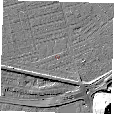 Shaded relief map of the ground around E63PQ, computed from Environment Agency LiDAR. The ground here sits at about 4 m above sea level and falls 36 m across the surrounding 800 m. Surface water reaching this point runs off ground lying to the south-south-west, 4.1 m higher.