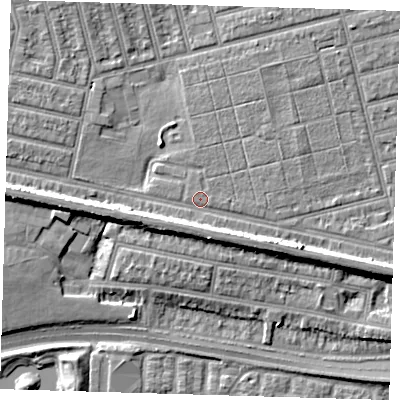 Shaded relief map of the ground around E63PR, computed from Environment Agency LiDAR. The ground here sits at about 4 m above sea level and falls 9 m across the surrounding 800 m. Surface water reaching this point runs off ground lying to the south-east, 4.4 m higher.