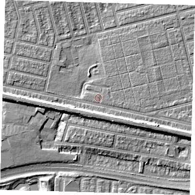 Shaded relief map of the ground around E63PS, computed from Environment Agency LiDAR. The ground here sits at about 4 m above sea level and falls 9 m across the surrounding 800 m. Surface water reaching this point runs off ground lying to the south-east, 4.4 m higher.