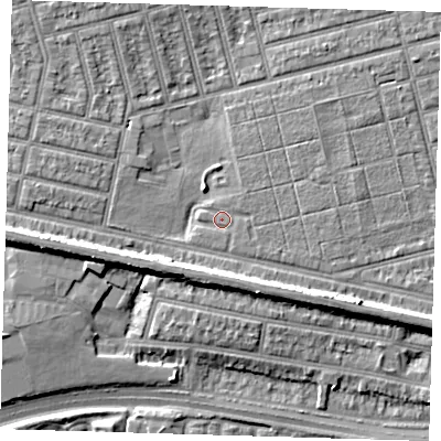 Shaded relief map of the ground around E63PT, computed from Environment Agency LiDAR. The ground here sits at about 4 m above sea level and falls 9 m across the surrounding 800 m. Surface water reaching this point runs off ground lying to the east-north-east, 0.8 m higher.