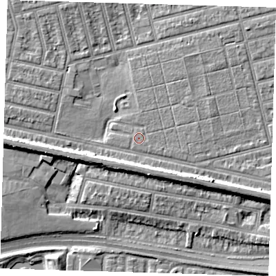 Shaded relief map of the ground around E63PU, computed from Environment Agency LiDAR. The ground here sits at about 4 m above sea level and falls 9 m across the surrounding 800 m. The ground contributing surface water to this point lies to the south-east.